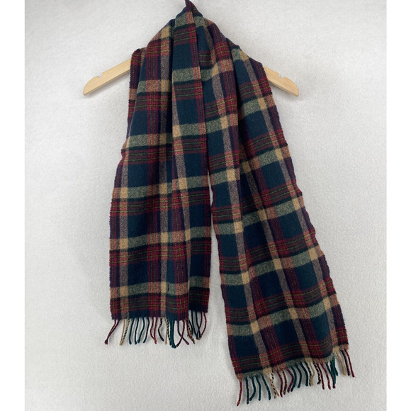 POLO RALPH L Scarf Mens Lambswool Tartan Fringed Rectangular Green Red 11" x 56" - Picture 2 of 13